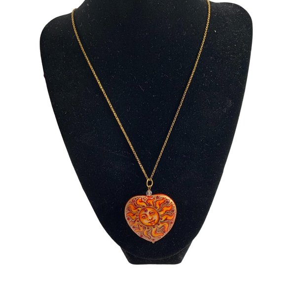 Tajan Co Heart Shaped Painted Stone Sun Pendant Necklace Rhinestones Celestial - Picture 1 of 5